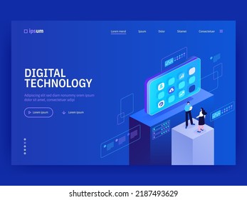 Digital technology website landing page template. Monitoring and testing of the digital process. Digital business analysis. Conceptual isometric vector illustration.