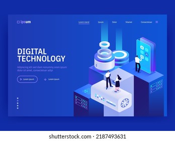 Digital technology website landing page template. Monitoring and testing of the digital process. Digital business analysis. Conceptual isometric vector illustration.