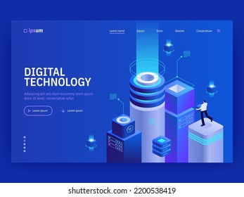 Digital technology website landing page template. Monitoring and testing of the digital process. Digital business analysis. Conceptual isometric vector illustration.