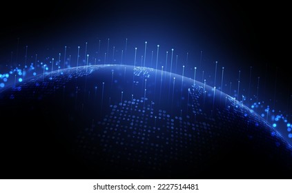 Digital technology worldwide global network internet connection blue background, Abstract cyber tech futuristic planet map world, Ai big data, Innovation 5g wireless wifi future, illustration vector