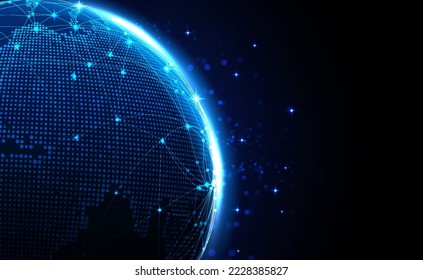 Digitale Technologie weltweit globale Internet-Verbindung blauer Hintergrund, Abstrakte Cyber-Tech-futuristische Planet-Welt, Ai Big Data, Innovation 5g Wireless WiFi-Zukunft, Vektorgrafik