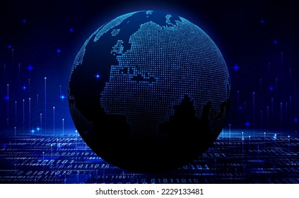 Digital technology worldwide global network internet connection blue background, Abstract cyber tech futuristic planet map world, Ai big data, Innovation 5g wireless wifi future, illustration vector