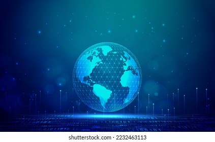 Digital technology worldwide global network internet connection blue green background, Abstract cyber tech futuristic world, Ai big data, Innovation 5g wireless wifi future, illustration vector 3d