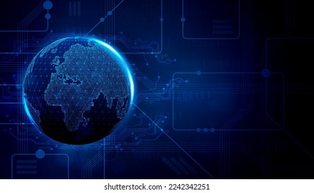 Digital technology worldwide global network internet connection blue background, Abstract cyber blockchain tech futuristic world, Ai big data, Innovation 5g wireless wifi future, illustration vector