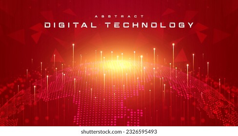 Digital technology worldwide global network internet connection red background, Abstract cloud cyber tech futuristic map world, Ai big data, Innovation 5g wireless wifi future, sky illustration vector