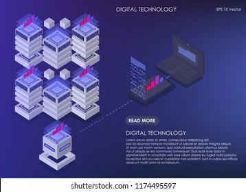 Digital technologys, isometric data center, vector information processing and storage. Isometric design concept virtual reality and development. Server room