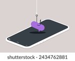 Digital Temptation, a message bubble Caught on a Cyber Hook, a speech cloud ensnared by a fishhook over a smartphone, symbolizing online scam