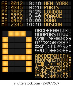 Tabela de Terminal Digital Led Fonte. Conjunto de caracteres vetoriais. Para aeroporto, porto marítimo, estação ferroviária e dispositivo eletrônico.