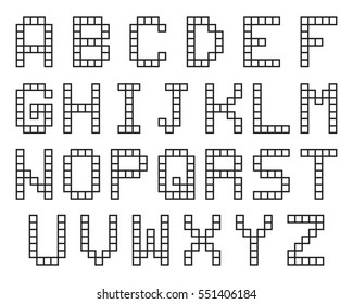 Digital terminal table led font, black isolated on white background, vector illustration.