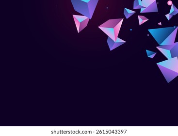 Digital Tetrahedron Vector Dark Violet Background. Magical Dynamic Triangle Design. Cosmic Flying Jewel Pattern. Holographic Shapes Technology Certificate.