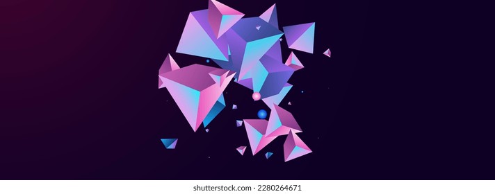 Digital Tetrahedron Vector Panoramic Dark Violet Background. Rainbow Business Jewel Flyer. Cosmic Creative Glass Banner. Unicorn Crystal Flying Template.