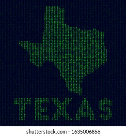 Digital Texas logo. US state symbol in hacker style. Binary code map of Texas with US state name. Amazing vector illustration.