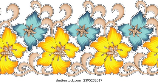 Digital Textile All-Over Pattern Design for Pakistani-Indian-Turki-Kurti Design-digital-textile-design-flowers-leaves-Exquisite border design, border pattern, Motif, Graph
