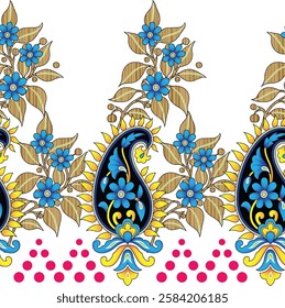 Digital Textile All-Over Pattern Design for Pakistani-Indian-Turki-Kurti Design-Digital Design background with colorful objects and flowers-digital-textile-design-flowers-leaves-Exquisite border desig