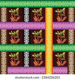 Digital Textile All-Over Pattern Design for Pakistani-Indian-Turki-Kurti Design-Digital Design background with colorful objects and flowers-digital-textile-design-flowers-leaves-Exquisite border desig