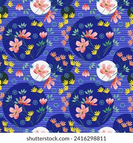 digital textile blue background Purple seamless colorful floral pattern border design and pattern for textile prints.