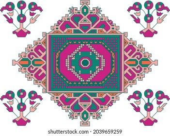 Digital Textile Design Colorful Baroque and Ornaments with Geometrical Border and Botanical Flower Bunches
