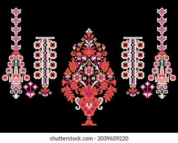 Digital Textile Design Colourful Baroque and Ornaments with Geometrical Border and Botanical Flower Bunches