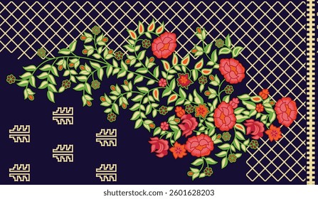 digital textile design features a floral spray on a navy background with geometric patterns, for textile, wallpaper, gift wrapping.