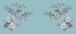 Digital Textile Design Motif Botanical Flower Black Vintage Baroque Ornament, Corner. Retro Pattern Antique Style Acanthus Floral Background Manual Illustration Textile Print