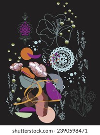 digital textile design motif with geometrical border and ethnic style decoration with botanical flowers and ornament illustration and flowers for background design