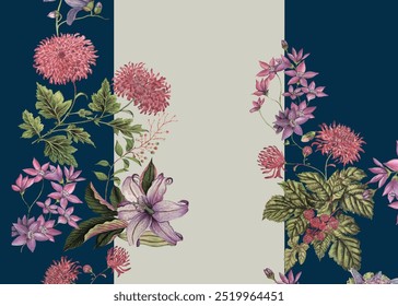 Digital textile design motif with geometrical border seamless and traditional style decoration. Flowers for textile floral print design.