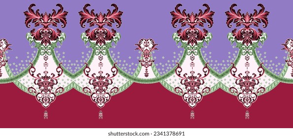 Digital textile design and motif. suitable for vintage clothes.Like a baroque ornaments demask paisley abstract vintage border black and white watercolor pattern carpet and print in fabric.