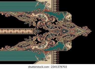 Digital textile design and motif. suitable for vintage clothes.Like a baroque ornaments demask paisley abstract vintage border black and white watercolor pattern carpet and print in fabric.