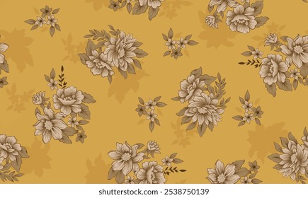 Diseño textil digital mughal art allover flor con la piel y la piel oscura flor de fondo amarillo
