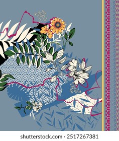 Digital textile design ornament and motif Hand Drawn Flower Garden Bird Leaf Wallpaper Modern Style Design 