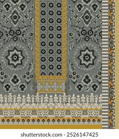 Digital Textile Floral Seamless Pattern with Mughal art and paisley motif borders in black ang grey color.