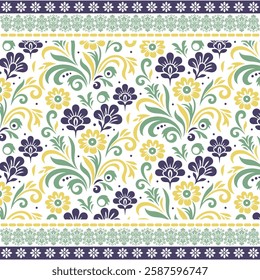 digital textile graphics with floral all over design and geometric ethnic border
