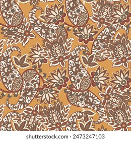 Digital textile print. Design suitable for covers, fabrics, textiles, wrapping paper, featuring an antique Thai pattern Paisley Indian motifs and decorative floral elements