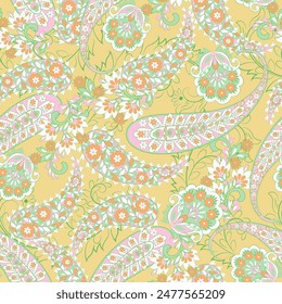 Digital textile print. Design suitable for covers, fabrics, textiles, wrapping paper, featuring an antique Thai pattern Paisley Indian motifs and decorative floral elements