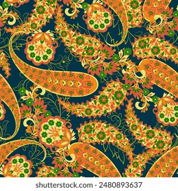 Digital textile print. Design suitable for covers, fabrics, textiles, wrapping paper, featuring an antique Thai pattern Paisley Indian motifs and decorative floral elements