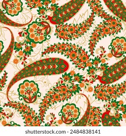 Digital textile print. Design suitable for covers, fabrics, textiles, wrapping paper, featuring an antique Thai pattern Paisley Indian motifs and decorative floral elements