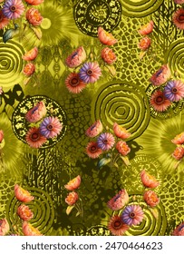 #Digital Textiles Designs, Seamless Boarders, Seamless Patterns, Florals, Flowers,Allover Seamless Patterns And Textures, Motif And Illustrations-Seamless Pattern Flowers Background Stock 