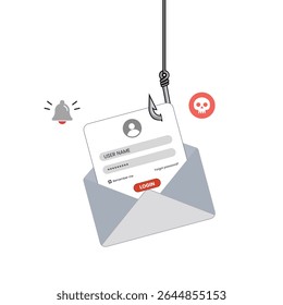 Digital Theft from Phishing Emails: Unsecured Data Breach, Hacker Attack, and Online Information Stealing in Cybercrime Illustration