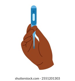 Digital thermometer in a african american human hand. Fever detection, health monitoring, and medical checkup
