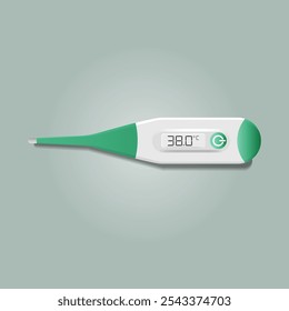 Um termômetro digital mostrando uma temperatura preocupantemente alta de 38,0 graus Celsius indicando febre e pode exigir atendimento médico.