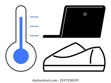 Digital thermometer displaying temperature, black laptop in use, and a single shoe side view. Ideal for technology, health, fitness, work-life balance, innovation, remote work, data monitoring
