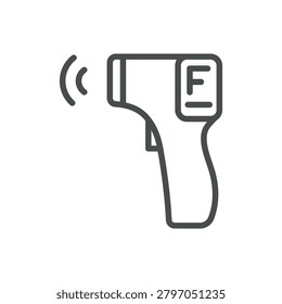 Digital Thermometer Fahrenheit Vector Line Icon: Non Contact Infrared Temperature Gun with Fahrenheit Display, Editable Stroke, Isolated