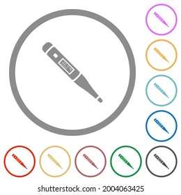 Iconos de color plano del termómetro digital en contornos redondos sobre fondo blanco