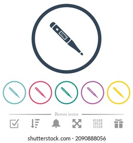 Digital thermometer flat color icons in round outlines. 6 bonus icons included.