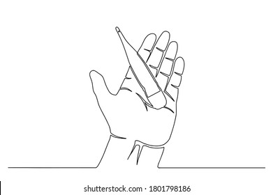 Digitales Thermometer, Hand mit digitalem Thermometer, flache Vektorgrafik. Die Hand hält ein Thermometer eine einzeilige Illustration. Vektorgrafik. Einzeilenzeichnung.