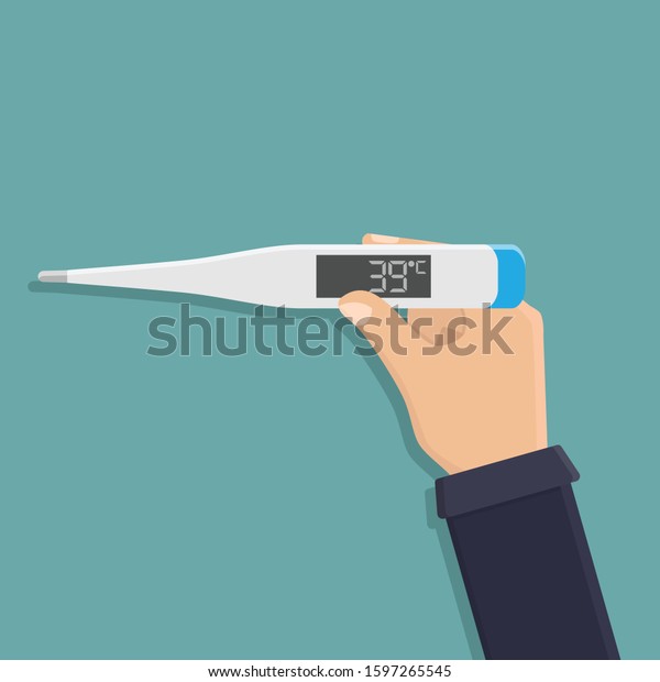 Digital thermometer, hand holding digital\
thermometer, flat design vector\
illustration