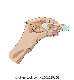Termómetro digital en mano que muestra la temperatura. 