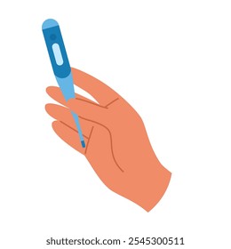 Digital thermometer held by a human hand. Vector illustration for medical, fever, and health topics