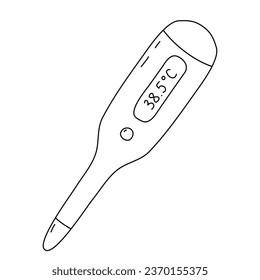 Digital thermometer with high temperature results, doodle style vector outline for coloring book