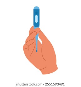 Digital thermometer in a human hand. Concept of fever detection, health monitoring, and medical checkup